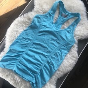 Athleta Fast Track Ruched Turquoise Tank Top | XS